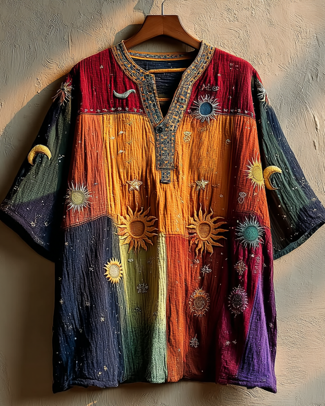 Men's Summer Vacation Star and Moon Embroidered Rainbow Contrast Top 7f9d