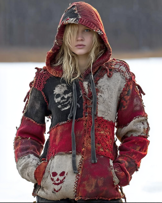 Halloween Themed Contrasting Color Patchwork Skull Embroidered Knitted Hooded Sweatshirt f257