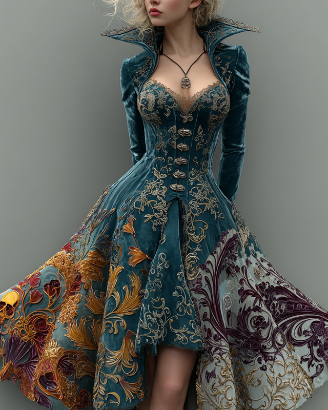 Women's Velvet Slim-Fit Long Swing Elegant Dark Halloween Dress c008