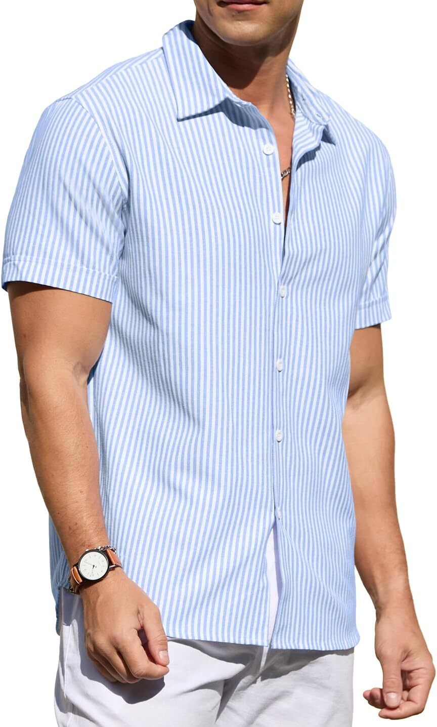 Men's Casual Button Down Shirts Short Sleeve Striped Cotton Beach Summer Vacation Shirt