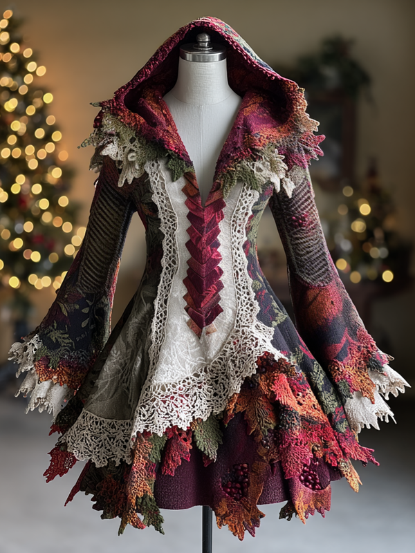 CHRISTMAS THEMED ELEGANT CONTRAST COLOR KNITTED HOODED DRESS 44d7