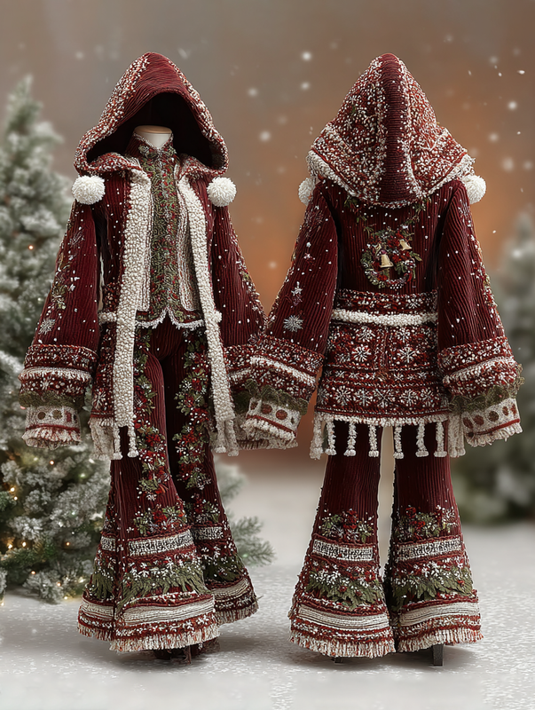 CHRISTMAS THEMED ELEGANT CONTRAST COLOR KNITTED HOODED CLOAK+PANTS SET 2d88