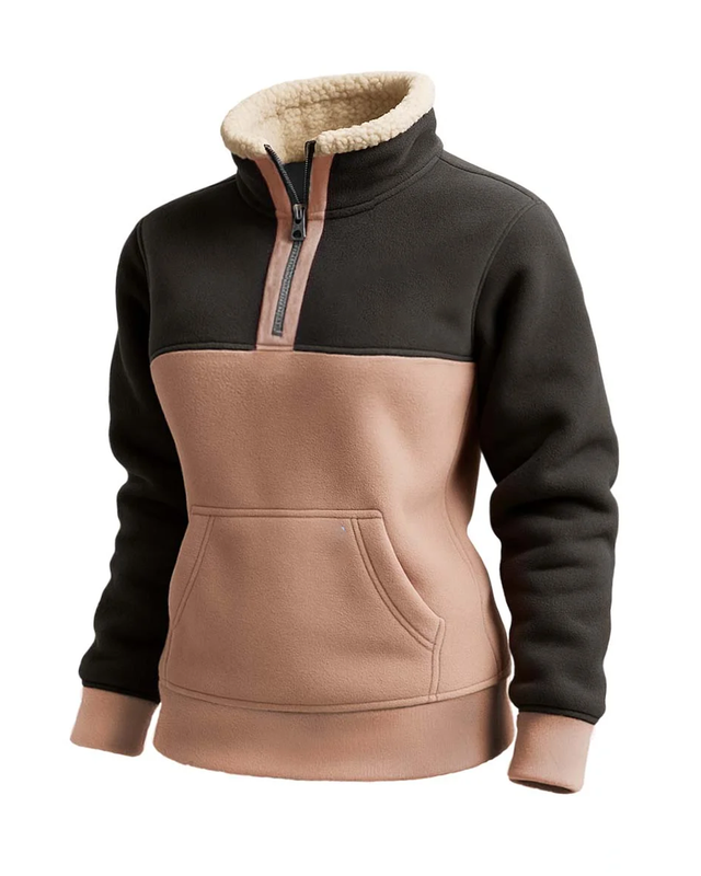 Retro Western Women's Contrast Color Stitching 1/4 Zip Wool Stand Collar Sweatshirt 39b6