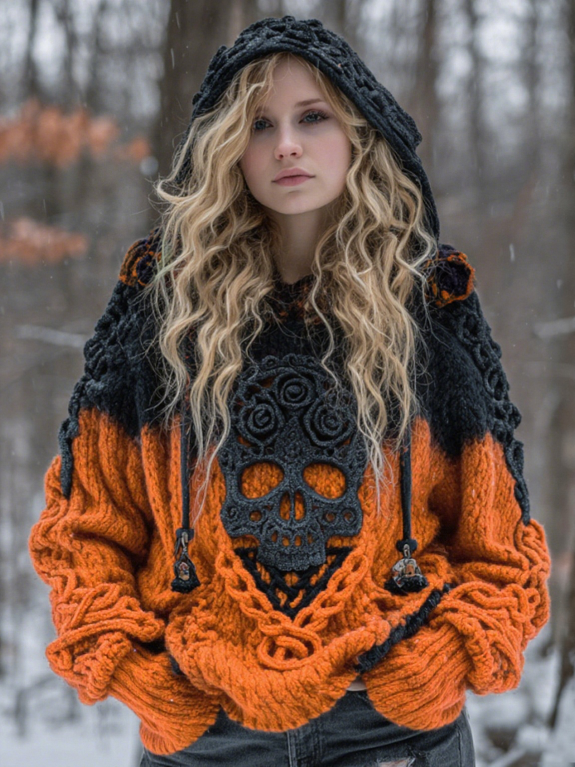 Women's Vintage Viking Tribal Celtic Skull Gradient Art Chunky Knit Hooded Sweater 9d09
