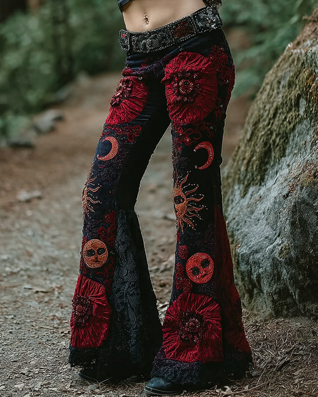 Women's star and moon embroidered gradient tie-dye trousers 6763