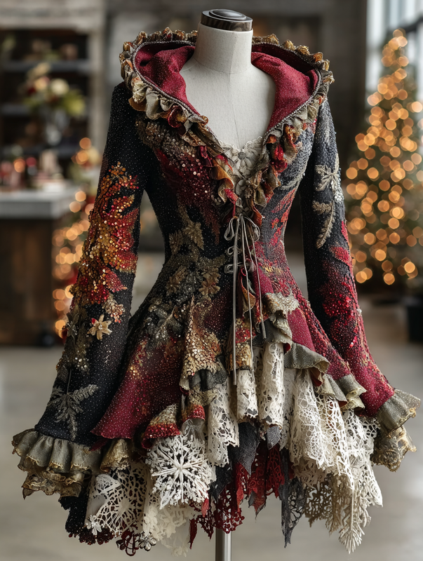Women's Christmas Contrast Hooded Cape Dress d902