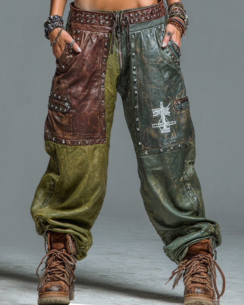 Women's skull embroidery contrast color stitching rivet leather pants 0245