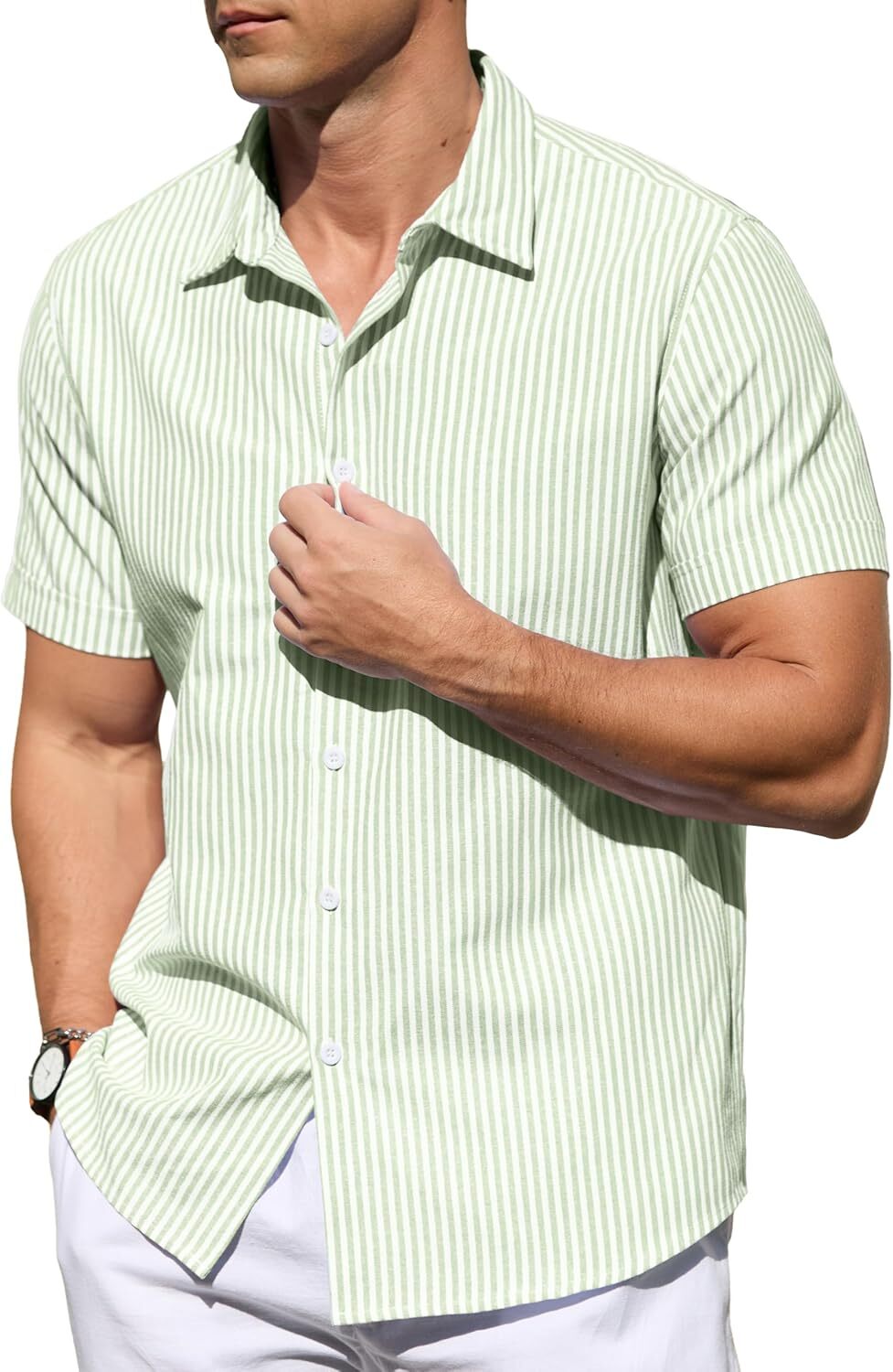 Men's Casual Button Down Shirts Short Sleeve Striped Cotton Beach Summer Vacation Shirt