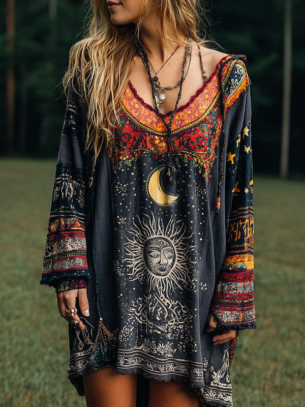 Women's Autumn and Winter Long Sleeve Patchwork Contrast Kaftan ce9f