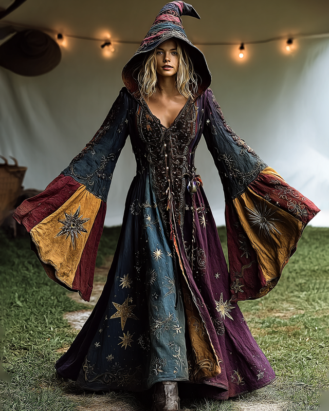 Halloween Themed Star And Moon Embroidery Contrast Patchwork Hooded Witch Dress  5cb1