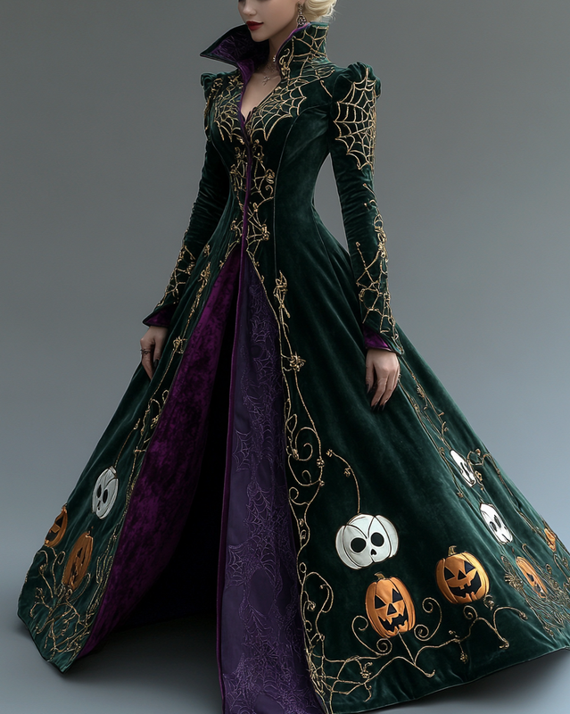 Women's Velvet Slim-Fit Long Swing Elegant Dark Halloween Dress-Green 7221