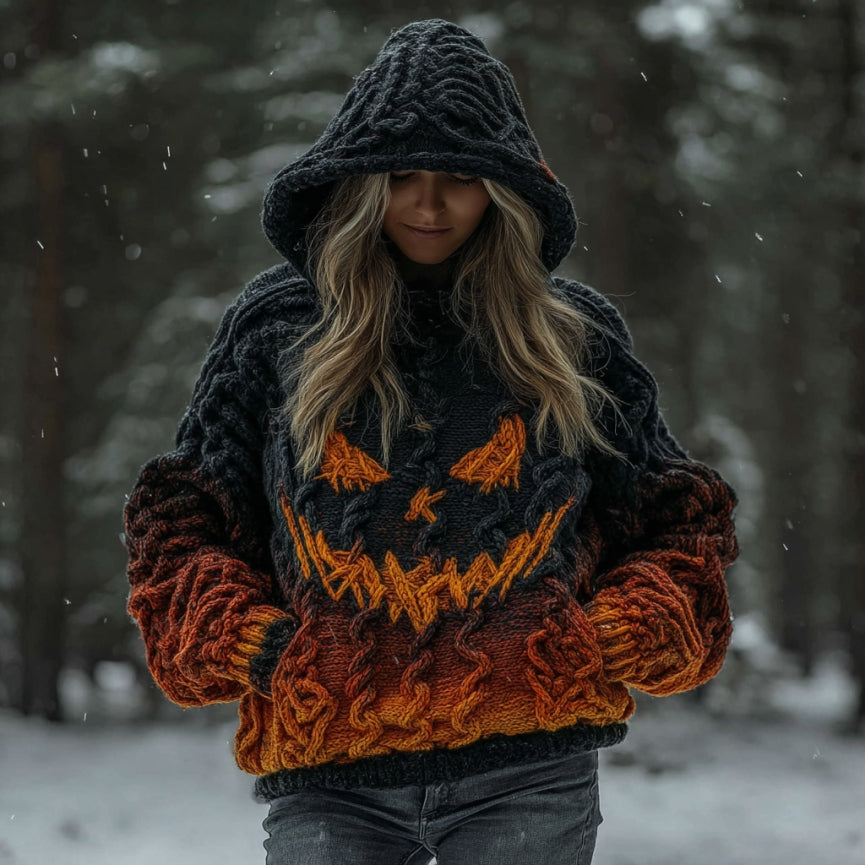 Women's Halloween Spooky Pumpkin Art Gradient Vintage Cozy Knit Hooded Sweater 34ed