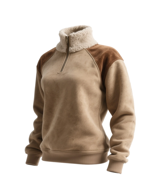 Retro Western Women's Contrast Color Stitching 1/4 Zip Wool Stand Collar Sweatshirt c5f6