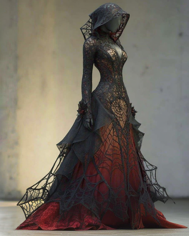 Halloween Themed  Contrasting Lace Spiderweb Embroidered Dress 4252