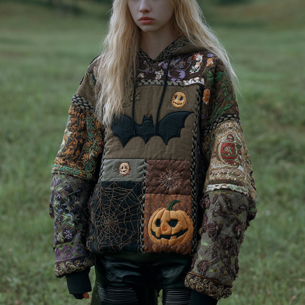 Women's Vintage Patchwork Halloween Pattern Hoodie e639