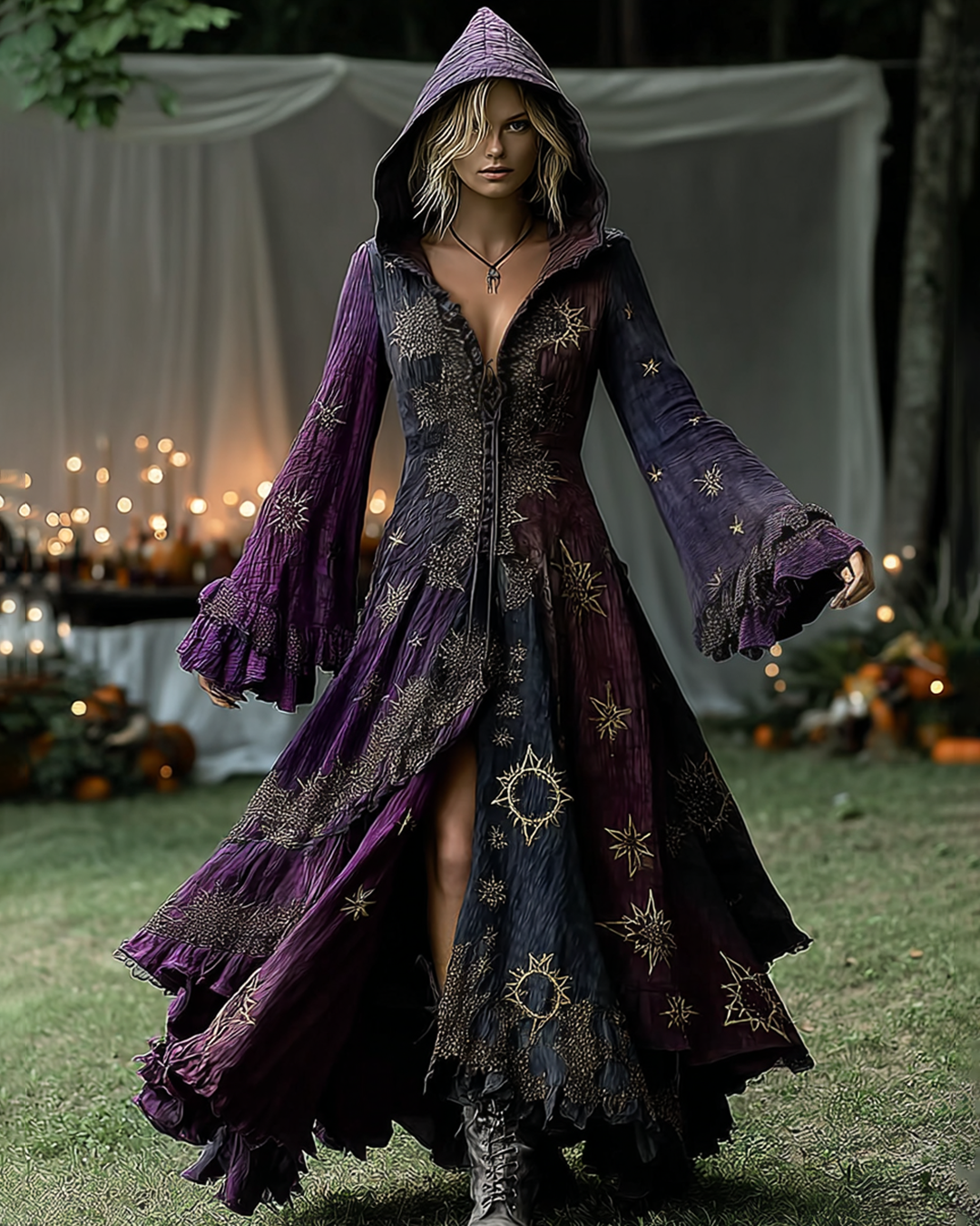 Star and Moon Theme Gradient Embroidery Ruffle Hooded Dress f889
