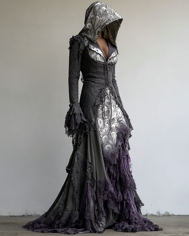 Halloween Themed Irregular Contrast Lace Patchwork Hooded Dress 945d