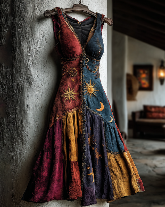 Halloween Themed Star And Moon Embroidery Patchwork Dress 3b8b