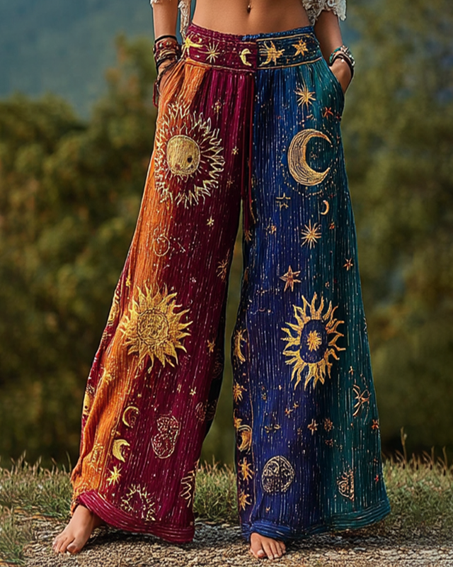 Women's star and moon embroidered gradient tie-dye trousers cb05