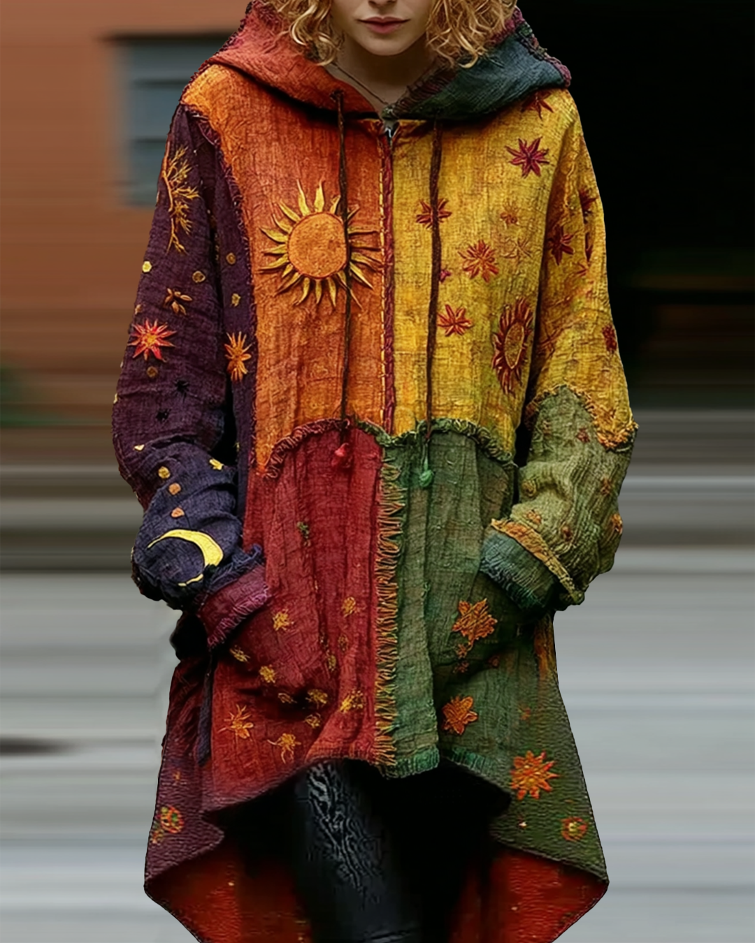 Women's star and moon embroidery contrast stitching irregular front short back long hem design hooded sweatshirt 40d7
