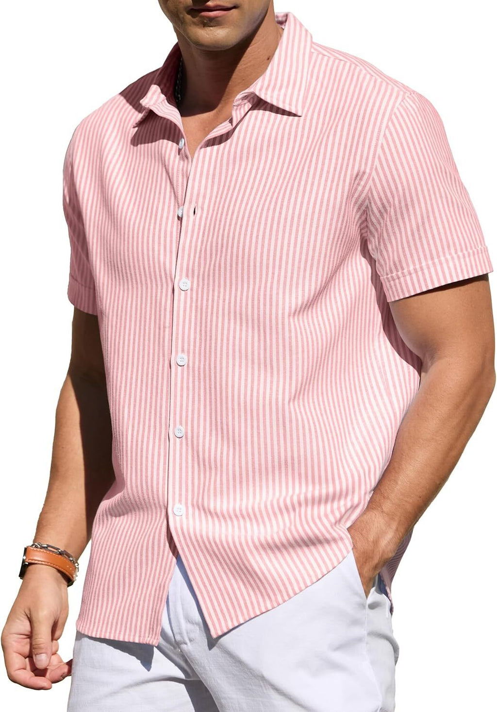 Men's Casual Button Down Shirts Short Sleeve Striped Cotton Beach Summer Vacation Shirt