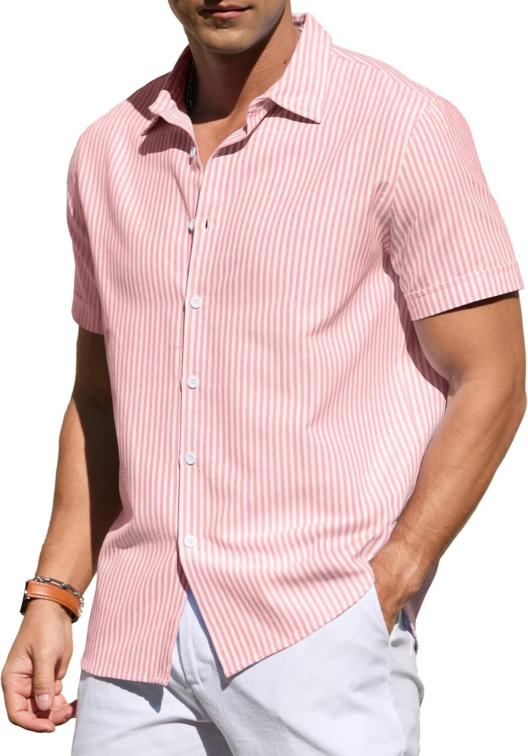 Men's Casual Button Down Shirts Short Sleeve Striped Cotton Beach Summer Vacation Shirt