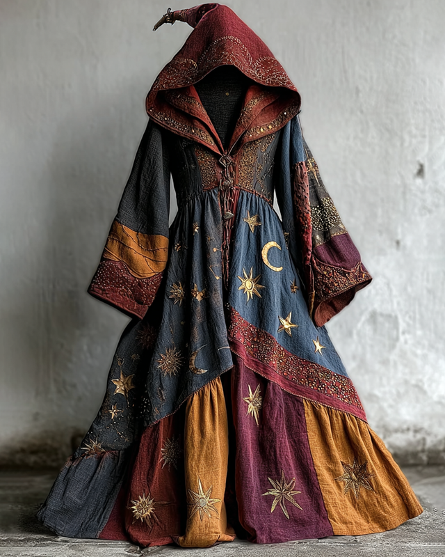 Halloween Themed Star And Moon Embroidery Patchwork Hooded Witch Dress 6c4d