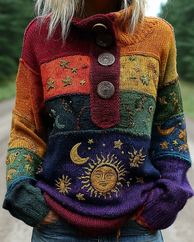 Women's Star and Moon Embroidery Contrast Color Stitching Sweatshirt 7539