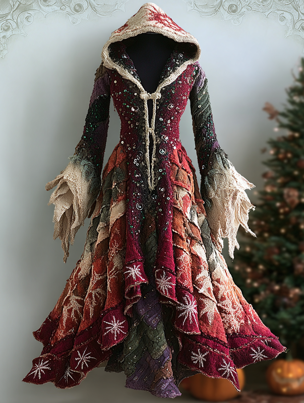 Women's Christmas Contrast Hooded Cape Dress 237c