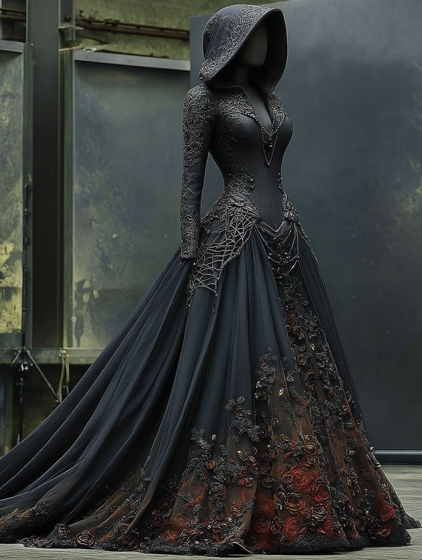 Halloween themed embroidered irregular lace patchwork hooded dress 46c4