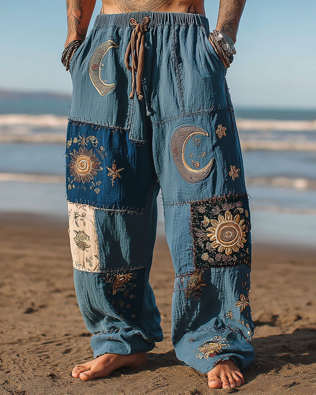 Men's casual star and moon 3D embroidered linen trousers 274a