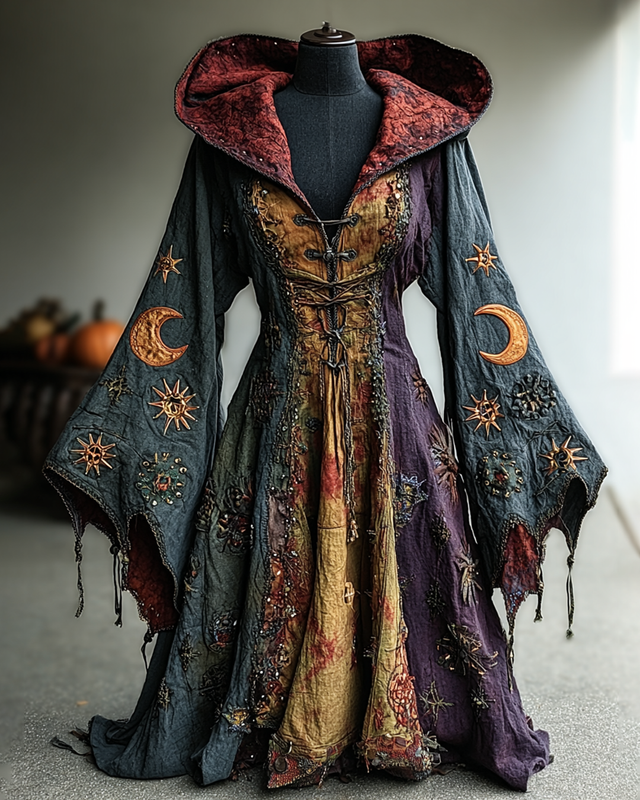 Halloween Themed Star And Moon Embroidery Patchwork Hooded Witch Dress c4cf
