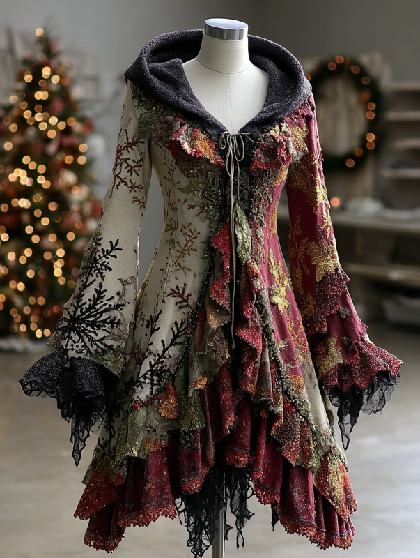 Women's Christmas Contrast Hooded Cape Dress 85d2