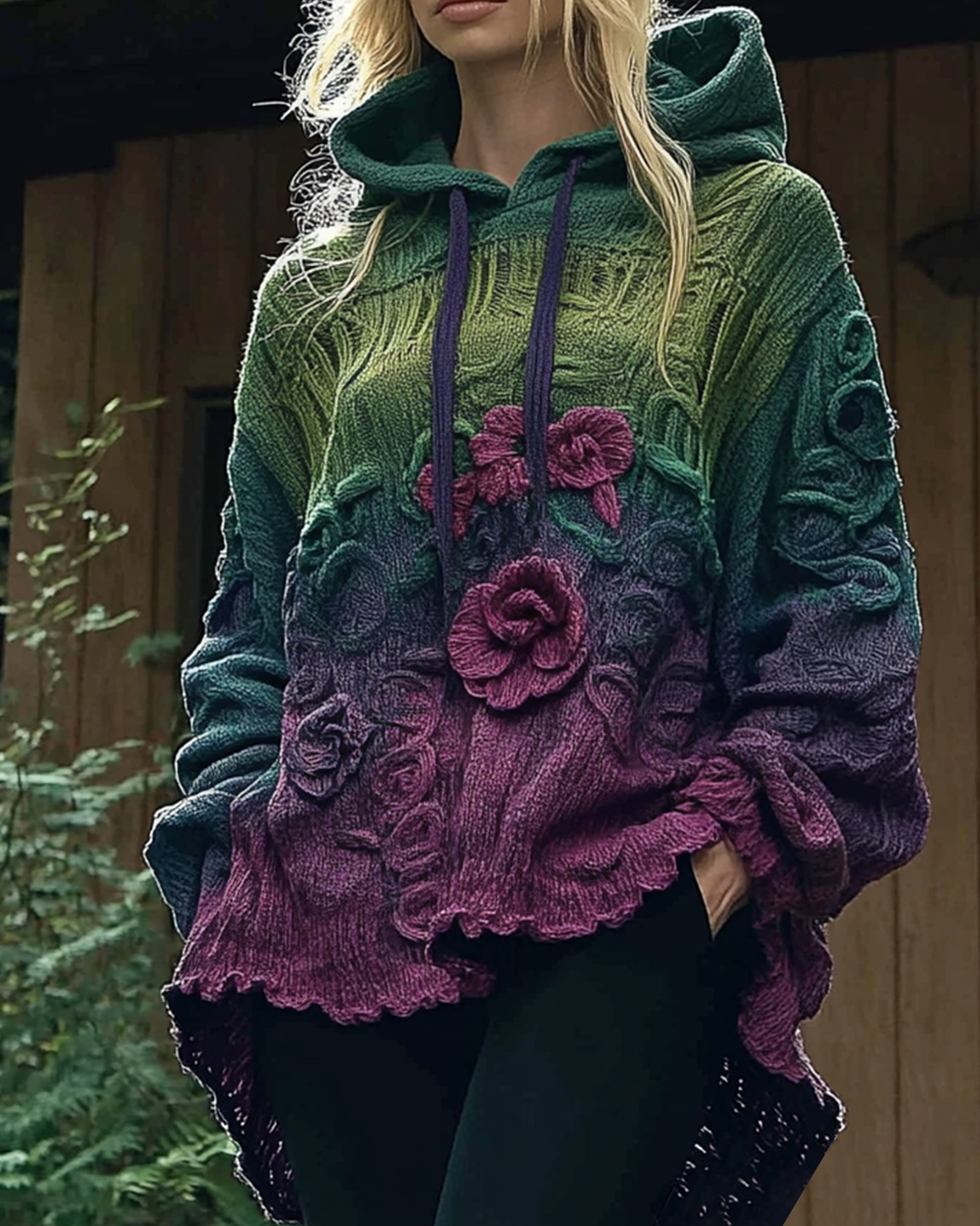 Women's floral embroidered irregular hem knitted hooded sweatshirt 5d1e