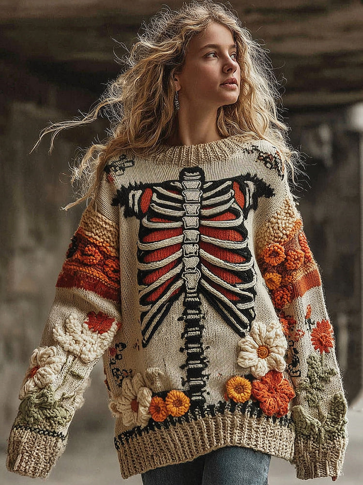 Vintage Halloween Anatomy With Floral Art Chunky Knitted Sweater d895