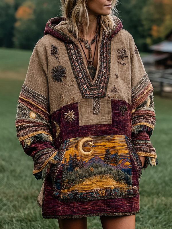 Women's Autumn and Winter Long Sleeve Patchwork Contrast Kaftan 9d3e
