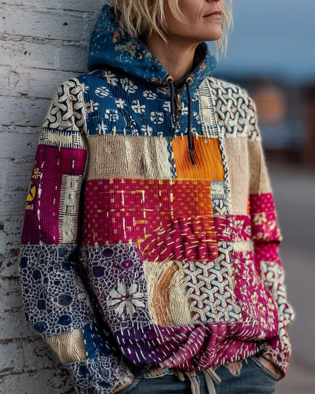 Autumn and Winter Star and Moon Patchwork Hooded Contrast Color Sweatshirt d92c