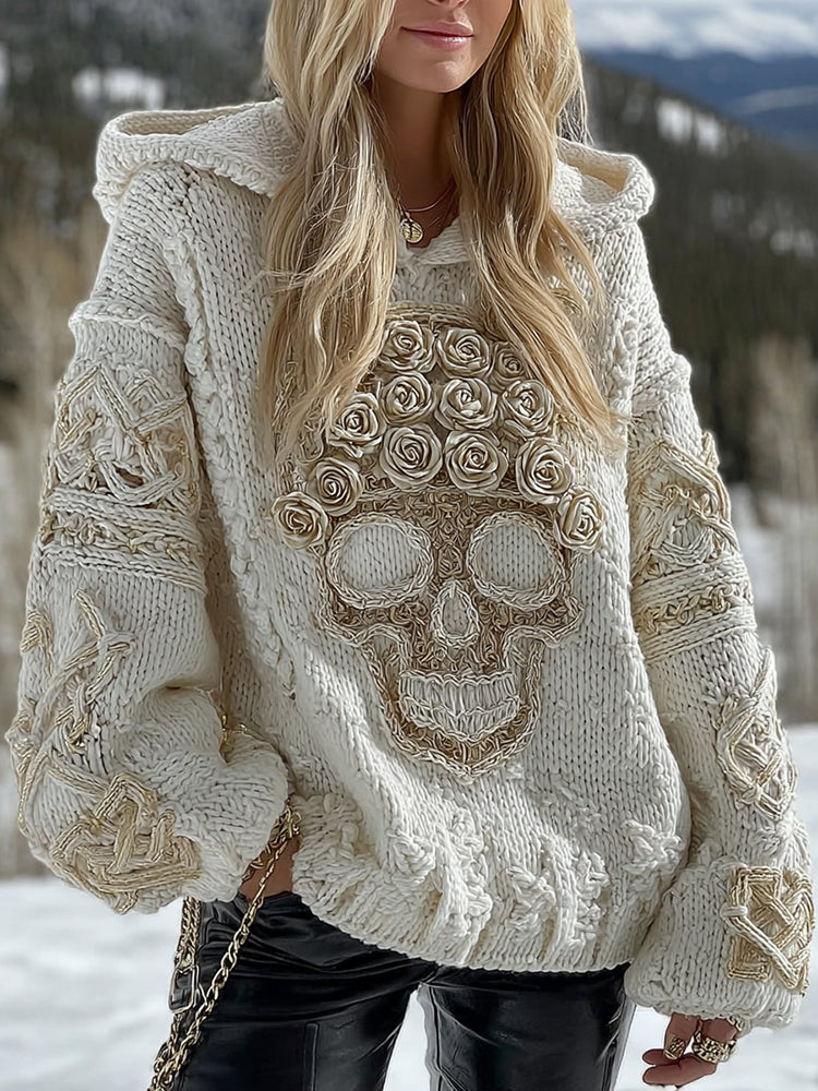 Women's White Rose Skull Comfortable Loose Solid Color Hooded Sweater 7e8c