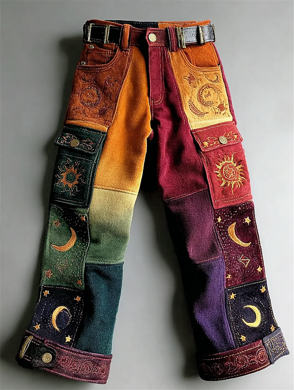 Women's Star and Moon Embroidered Contrast Color Stitching Pants 84ca