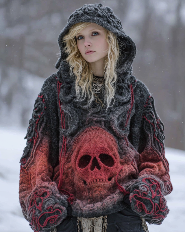 Halloween Themed Gradient Skull Knitted Hooded Sweater 21bb