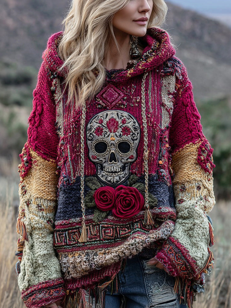 Boho Floral And Skull Inspired Colorblock Design Cozy Knit Hooded Sweater 5249