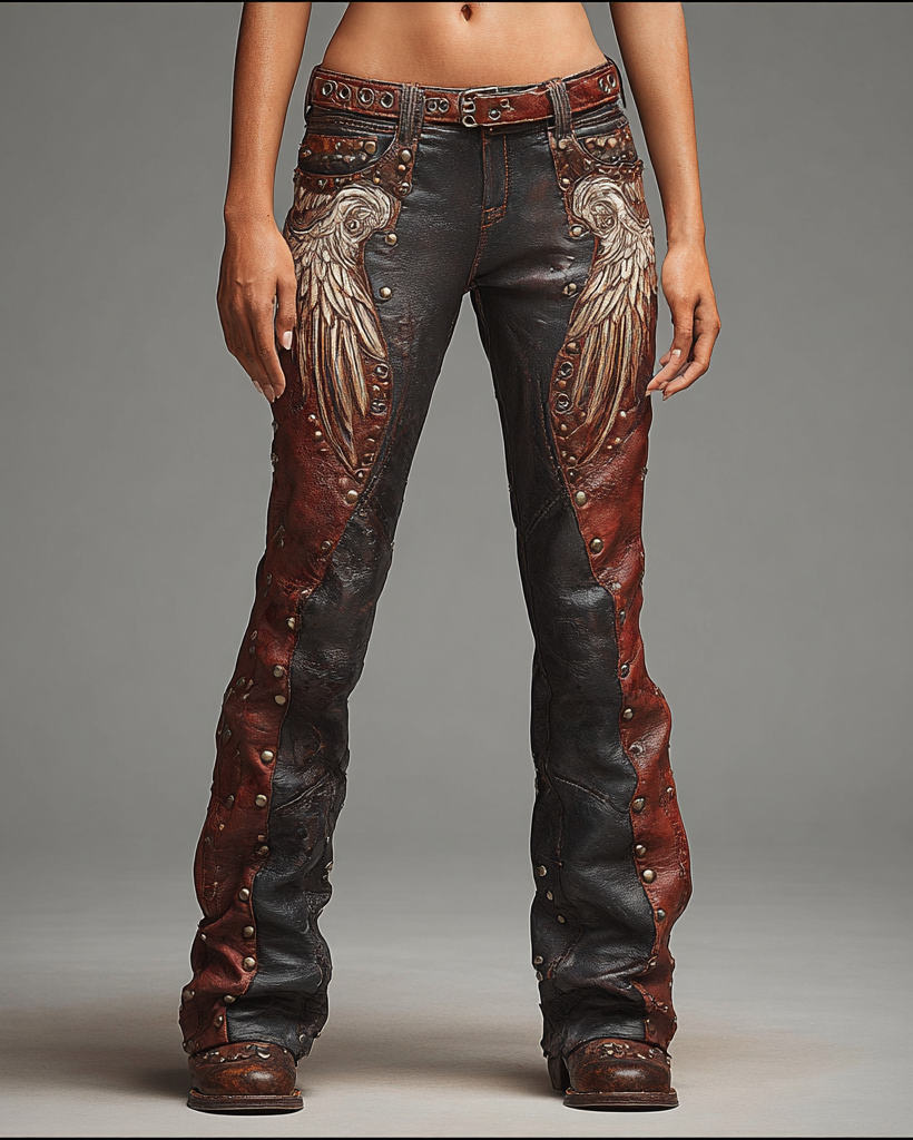 Women's wing embroidery contrast color stitching rivet leather pants 0244