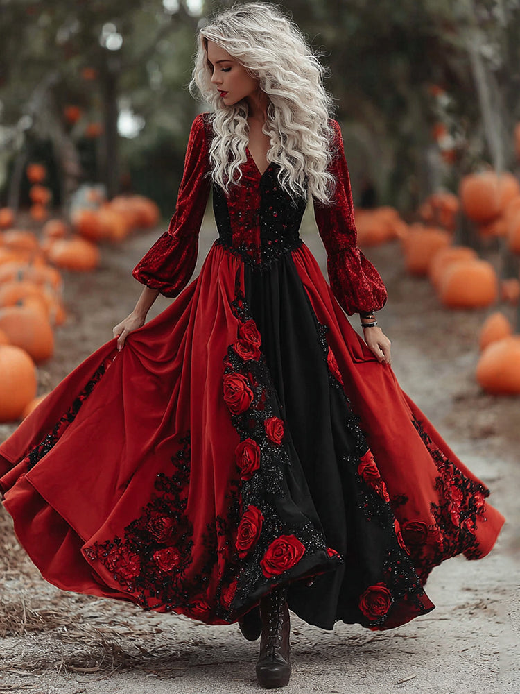 Women's  Halloween Black Roses Art Comfy Velvet Maxi Dress 08dd