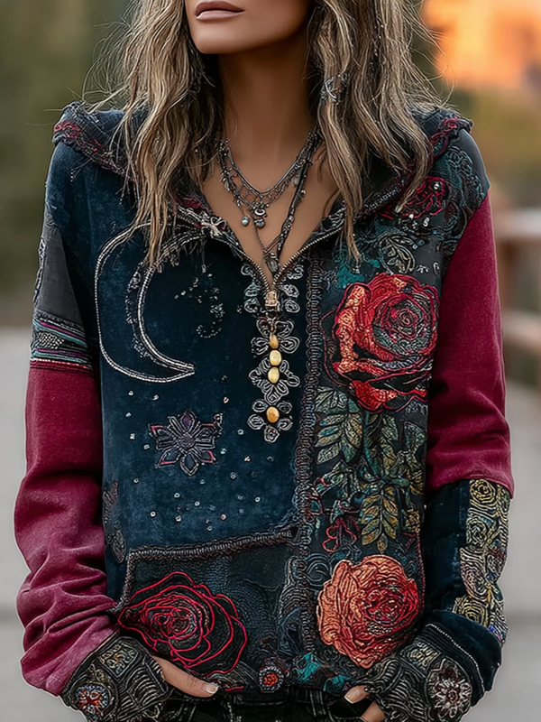 Autumn and Winter Star and Moon Patchwork Hooded Contrast Color Sweatshirt b59f