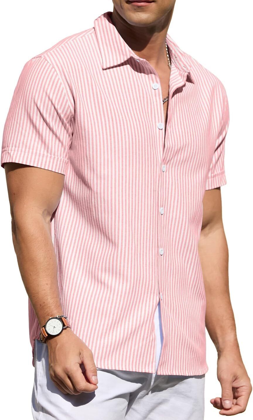 Men's Casual Button Down Shirts Short Sleeve Striped Cotton Beach Summer Vacation Shirt