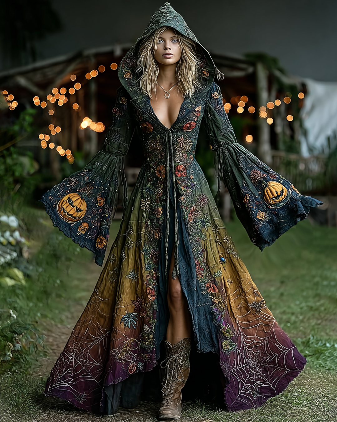 Halloween Theme Ombre Pumpkin Spiderweb Embroidery Ruffle Hooded Dress d11e