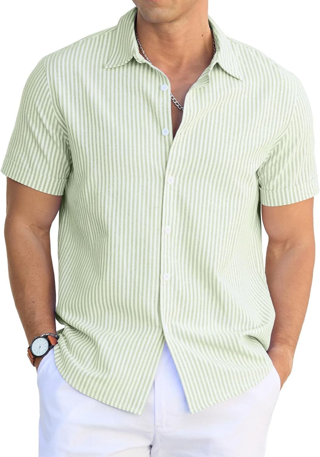 Men's Casual Button Down Shirts Short Sleeve Striped Cotton Beach Summer Vacation Shirt
