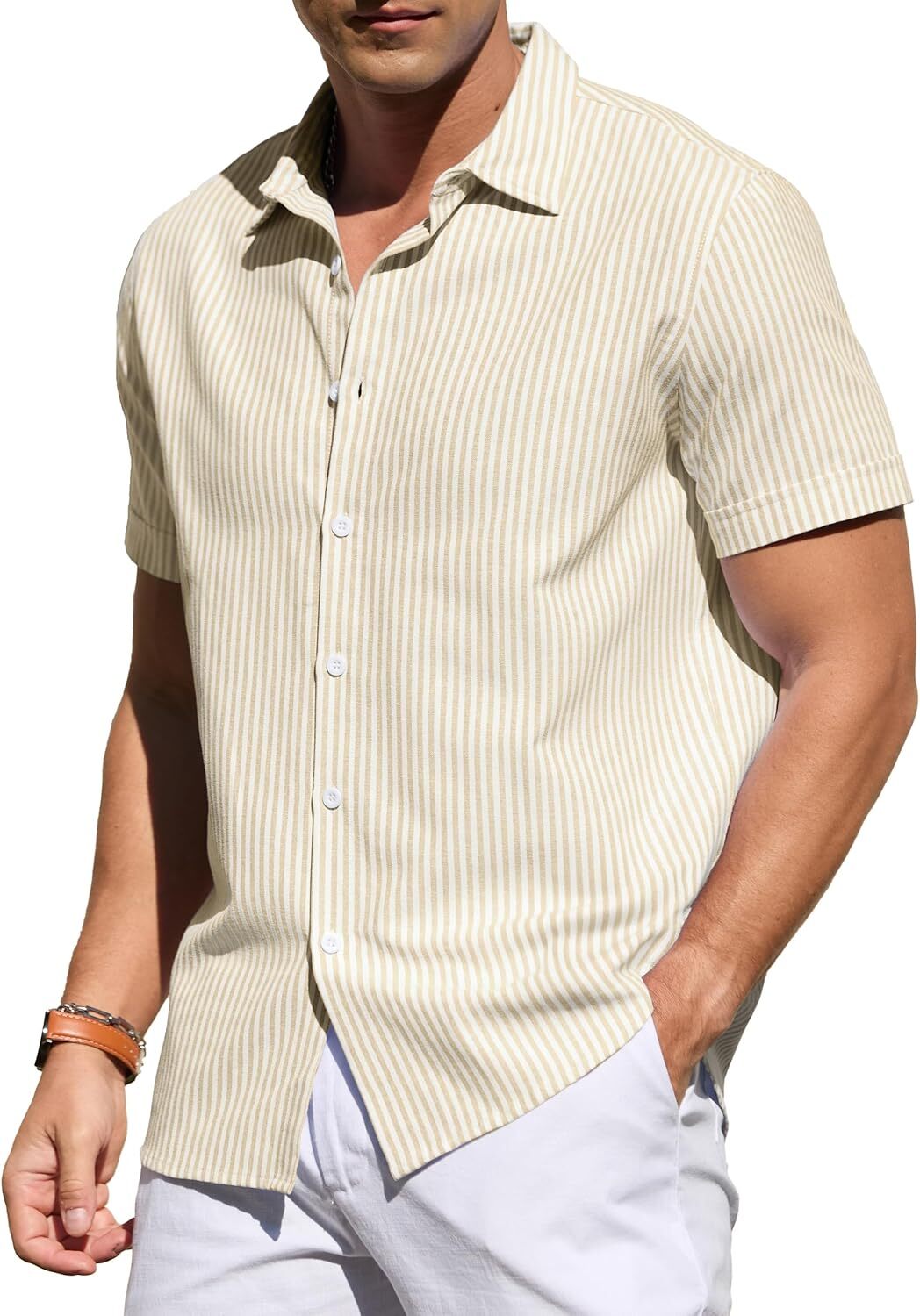 Men's Casual Button Down Shirts Short Sleeve Striped Cotton Beach Summer Vacation Shirt
