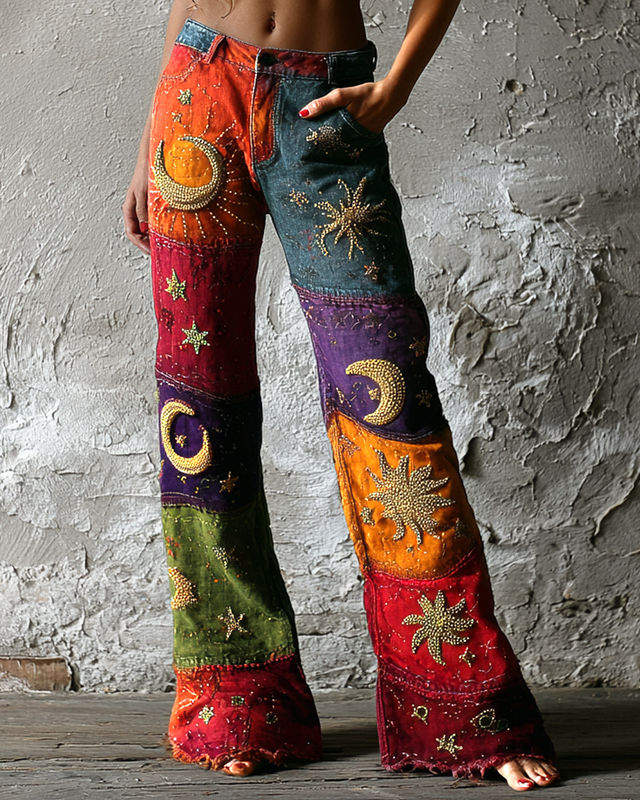 Women's Star and Moon Embroidered Contrast Color Stitching Pants 5620