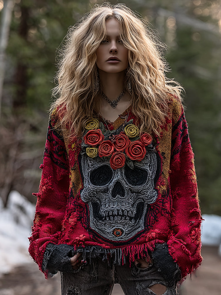 Women's Vintage Rose Skull-print Distressed V-neck Top ce34